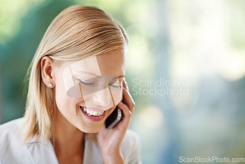 Image of Smile, phone call and business woman listening, speaking and talking with mockup. Cellphone, communication and female professional or entrepreneur networking, conversation and discussion outdoor.