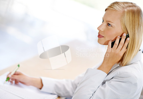 Image of Woman, phone call and secretary taking notes, thinking and listening with mockup. Cellphone, notebook and female receptionist writing, booking appointment and business schedule in office top view.