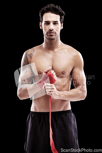 Image of Man, fitness and boxing with portrait in studio for competition with champion at the gym. Boxer, body and professional with model at sports club for exercise and wellness for strong athlete.