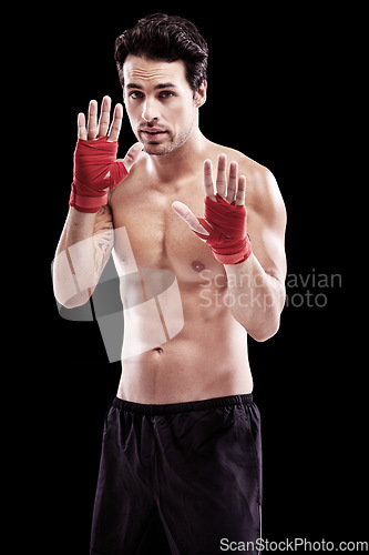 Image of Model, boxer and hands in portrait dark background for training workout for fight at the gym. Kick boxing, professional and focus train with motivation for exercise at the gym for a competition.