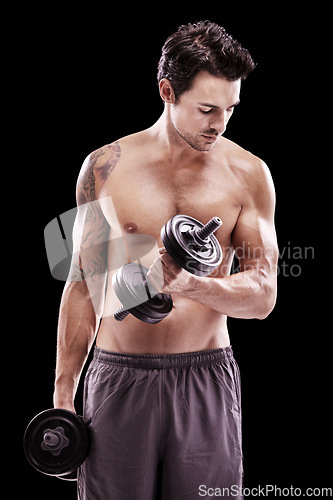 Image of Fitness, man and dumbbell training on black background, dark studio and gym workout. Topless bodybuilder, sexy sports athlete and weights for muscle exercise, strong performance or power in challenge