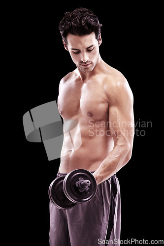 Image of Bodybuilder, strong man and dumbbell workout on black background, studio and six pack fitness. Sexy male athlete, sports and exercise with weights for muscle training, results and power in challenge