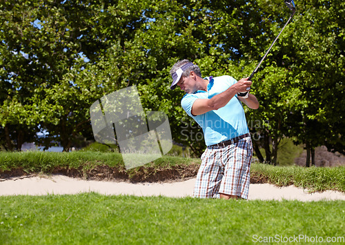 Image of Golf course, sports and elderly man with driver swing outdoors for fitness, training and practice. Golfing, club and senior male golfer enjoying retirement with active, hobby and exercise outside