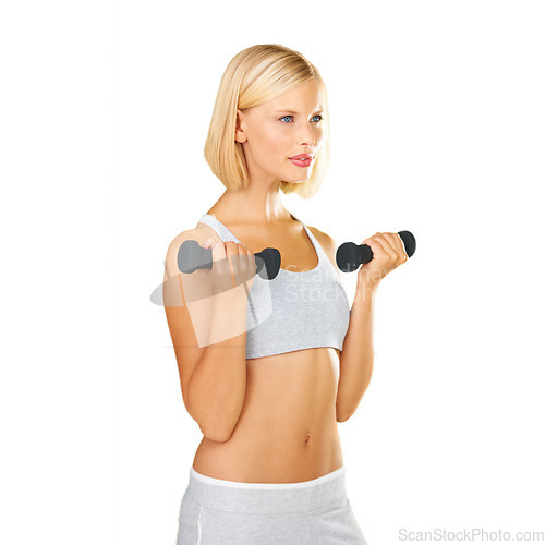 Image of Woman, exercise and dumbbells in studio for a workout, training or fitness. Female, athlete or bodybuilder model isolated on a white background for weightlifting, weight loss and body wellness