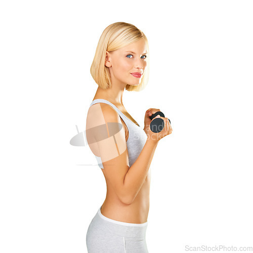 Image of Fitness, dumbbell and portrait of a woman workout, training or exercise for strong muscle. Happy sports female isolated on png, transparent background for weightlifting, weight loss and body wellness