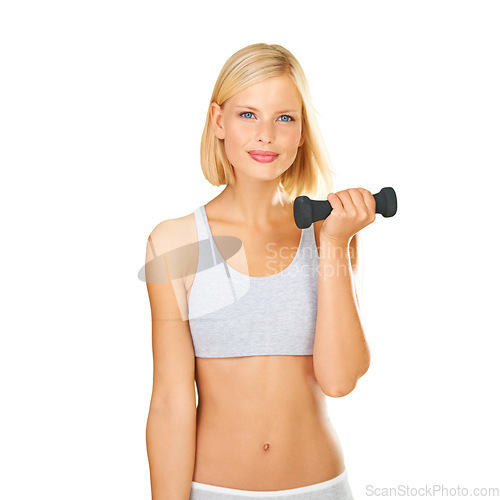 Image of Dumbbells, exercise and portrait of a fitness woman in studio for training workout. Happy aesthetic female model isolated on a white background for weightlifting, weight loss and body wellness
