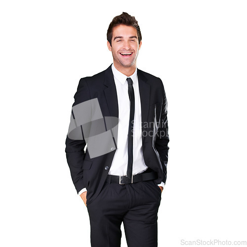 Image of Business man, portrait and laughing in studio for fashion, mockup space and professional style. Corporate male model isolated on a white background for happiness, funny and comic expression on face