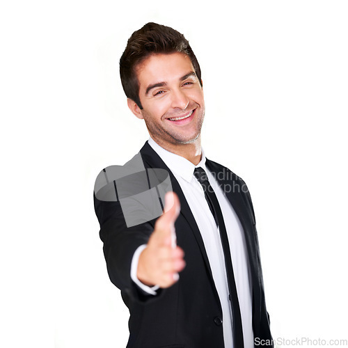 Image of Extended handshake, portrait and business man hand for deal or partnership. Professional male model happy to shake hands for HR agreement, thank you or hiring isolated on a white background in studio