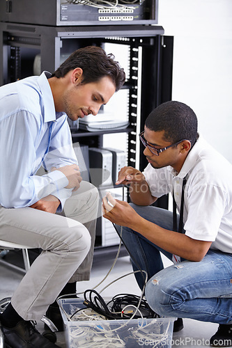 Image of Server room, network and maintenance with a technician talking to a business man about cyber security. IT support, database and consulting with an engineer chatting about information technology