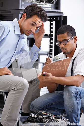 Image of Server room, man or technician with clipboard talking to a stressed client for security glitch or hardware. IT support, worried person or engineer speaking of information technology help or contract