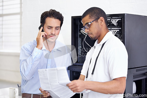 Image of Server room, it support and phone call with a man technician reading about cyber security installation. Network, database and instruction manual with an engineer talking over hardware guidelines