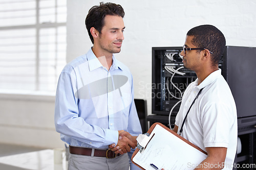 Image of Server room, it support and clipboard with a technician shaking hands with a business man about cyber security. Network, database or agreement with an engineer consulting about information technology