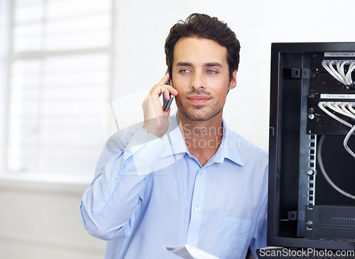 Image of Server room, help or businessman on a phone call for hardware maintenance or glitch in business office. Network error, datacenter or worker calling electrician for IT support or electronics problem