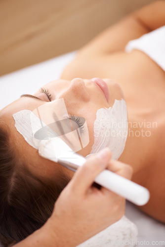 Image of Spa, face mask and woman with cream, dermatology and grooming with skincare, cleanse and detox. Female person, model and lady with organic facial, salon treatment and hygiene for clear and soft skin