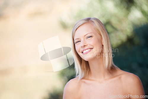 Image of Smile, portrait and beauty of a woman outdoor in nature for natural makeup, dermatology and cosmetics. Female model person happy with green or sustainable skincare, self care and healthy skin mockup