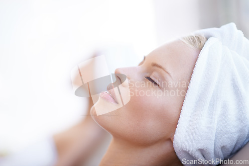 Image of Spa, luxury and woman with massage, relax and stress relief with wellness, cosmetics and salon treatment. Female person, client or lady with grooming, skincare and customer on a weekend break or trip