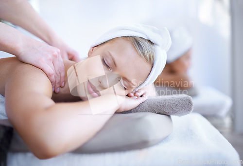 Image of Hands of masseuse, woman get back massage in spa and wellness with peace, tranquility and holistic treatment. Stress relief, zen and female person at luxury resort with self care and body healing