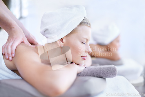 Image of Woman in spa for massage, holistic and hands of masseuse with peace, tranquility and wellness treatment. Stress relief, zen and female person at luxury resort with self care and body healing