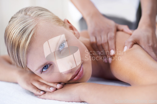 Image of Face, woman in portrait getting back massage at spa and holistic treatment with self care. Wellness, young female at luxury resort with masseuse hands, physical therapy with healing and zen