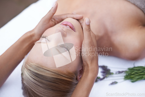 Image of Spa facial, relax and massage, woman with natural health, wellness and luxury treatment for stress relief. Beauty salon, professional skin care therapist hands and face of girl in cosmetic therapy.