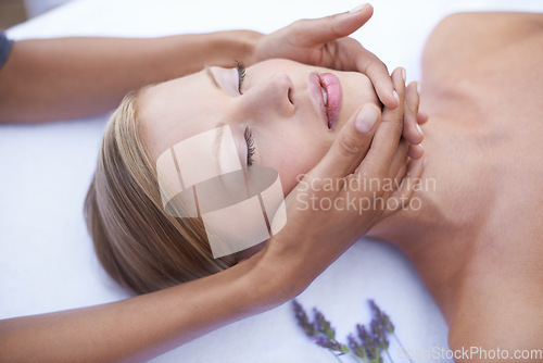 Image of Relax, stress relief and facial massage, woman in spa for health, wellness and luxury holistic treatment. Beauty salon, professional skin care therapist and healthy face of girl in cosmetic therapy.