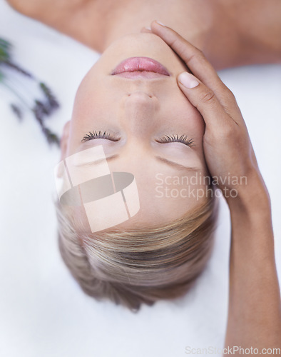 Image of Relax, massage and face, woman in beauty salon for health, wellness and luxury treatment with from above. Spa, professional skin care therapist hands and healthy facial for girl in holistic therapy.