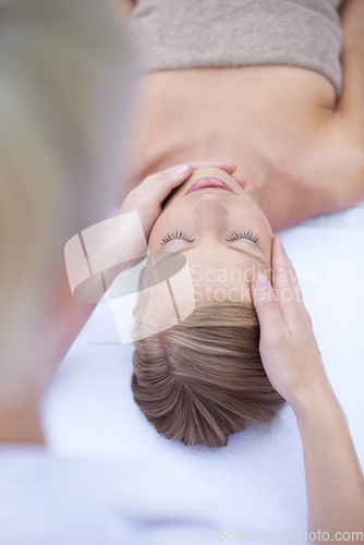 Image of Relax, masseuse and facial massage, woman in spa for health, wellness and luxury, holistic treatment. Beauty salon, professional skin care therapist hands and healthy face of girl for acupressure.