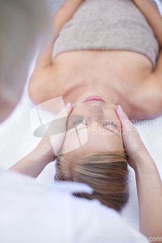 Image of Relax, reiki and facial massage, woman in spa for health, wellness and luxury treatment with eyes closed. Beauty salon, professional skin care therapist and face of girl on table for reflexology.