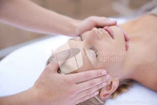 Image of Relax, massage and acupressure on face, woman at spa for health and wellness in luxury skincare treatment. Beauty salon, professional skin care therapist and girl with healthy cosmetic therapy facial