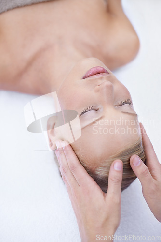 Image of Relax, facial massage and acupressure, woman at beauty salon for health and wellness in luxury skincare treatment. Spa, professional skin care therapist and girl in cosmetic therapy for healthy face.