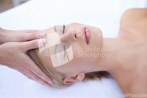 Image of Massage, relax and acupressure, face of woman at spa for health and wellness in luxury skincare treatment. Holistic healing, beauty salon and professional skin care, girl in cosmetic facial therapy.