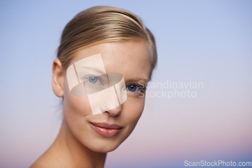 Image of Woman in portrait, face and beauty with natural skincare, cosmetics and healthy skin mockup space with wellness. Female model, dermatology and cosmetic care, facial spa treatment with hygiene