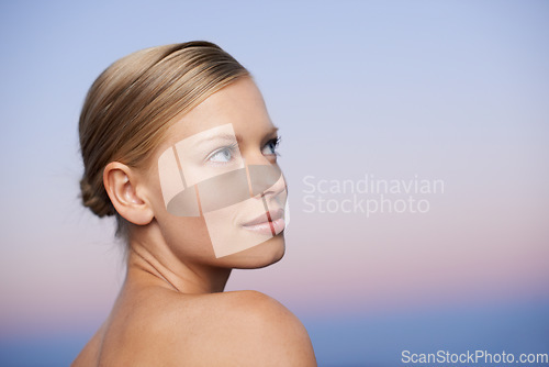 Image of Woman is thinking, face and beauty with natural cosmetic care, cosmetics and healthy skin mockup space with wellness. Female model, dermatology and skincare, facial spa treatment with hygiene