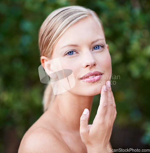 Image of Woman in portrait outdoor, face and beauty with skin glow, natural cosmetics and skincare with wellness. Female model, dermatology and cosmetic care, facial spa treatment with hygiene and grooming