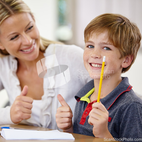 Image of Portrait, kid and teacher with thumbs up in classroom, smile and pencil. Happiness, educator and student with hand gesture for like emoji, agreement and learning in elementary school for education.
