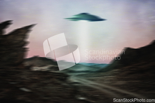 Image of Spaceship, sky and ufo with lights over mountain for outer space, surreal or alien invasion. Spacecraft, spotlight or classified secret mission by flying saucer outdoor for fantasy or science fiction