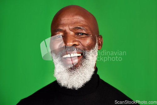 Image of Happy, smile and portrait of black man on green screen for confident, fashion and elegant. Happiness, style and senior with face of male model isolated on studio background for pride and beard mockup