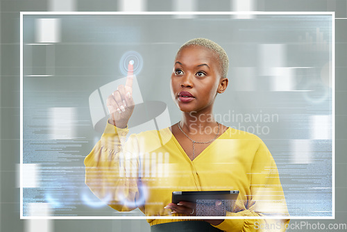 Image of Black woman, tablet and touching futuristic screen for digital innovation, planning or data overlay. African female person or employee working on future touch technology, hud or dashboard display