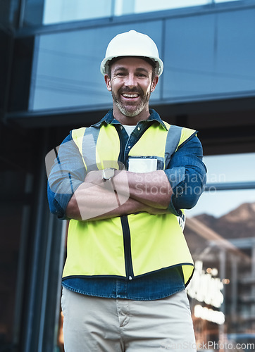 Image of Arms crossed, building and architecture with portrait of man in city for planning, designer or industry. Engineering, project management or infrastructure with male contractor on construction site