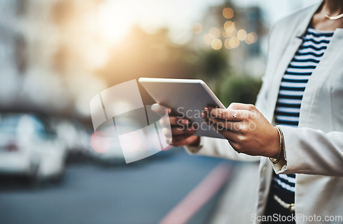 Image of Tablet, city and hands of woman online typing for networking, website and social media in street. Communication, business travel and female person on digital tech for internet, research and contact