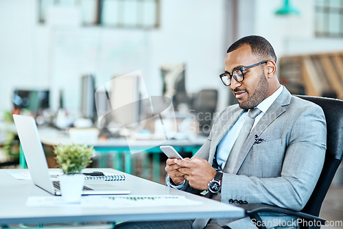 Image of Phone, typing and business man in office communication, networking and reading social media or job email. Cellphone, connection or online search of happy african person on mobile app or startup chat