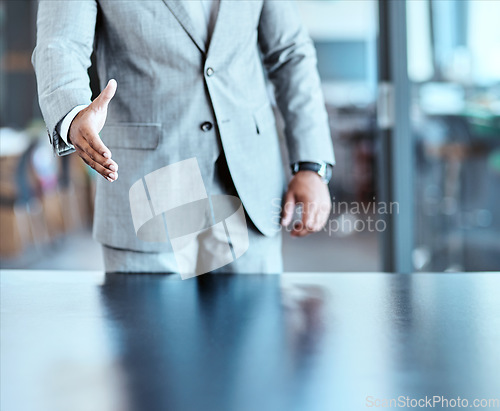 Image of Business man, handshake and offer for success, partnership agreement or introduction, hiring and welcome. Professional person shaking hands in pov meeting, deal or congratulations and thank you sign