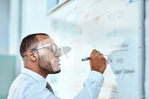 Image of Business man, writing and whiteboard planning, brainstorming and workflow management or project ideas. Planner, schedule and problem solving of focus african person on board reminder, goals or target