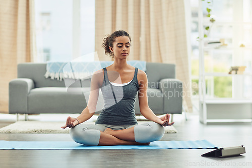 Image of Tablet, meditation or woman with fitness, home and training for wellness, balance and exercise in the living room. Female person, technology or girl with online practice, yoga class or workout lesson