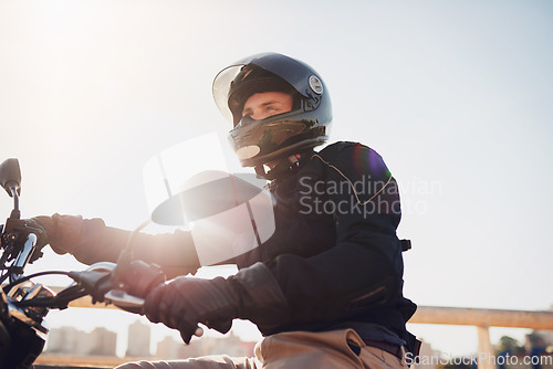 Image of Motorcycle, travel and journey with man in city for freedom, driving and vintage. Relax, driver and leather with male biker on motorbike in outdoors for transportation, vintage and biking trip