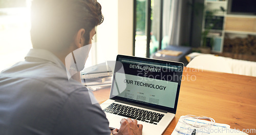 Image of Laptop, screen and remote work by businessman with technology development project in a home office working. Planning, research and entrepreneur man reading from internet or online in a living room