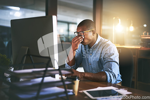 Image of Black man at office, night and headache with stress and vision problem, computer glitch and burnout from overtime. Male in business with migraine, brain fog and working late, frustrated with 404