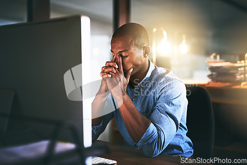 Image of Black man in business, night and stress headache with computer glitch, software problem and burnout. Male professional with migraine, brain fog and working late, frustrated with 404 and crisis