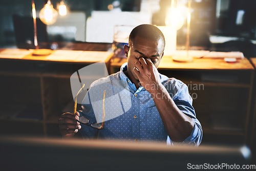 Image of Black man in business, night and headache with stress and vision problem, crisis and burnout from overtime. Professional male with migraine, brain fog and work late with loss of focus and overworked