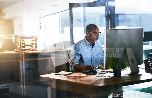 Image of Business man, working and computer with office typing and project web research with connectivity. African male worker, technology and coding for website management or company with tech and internet